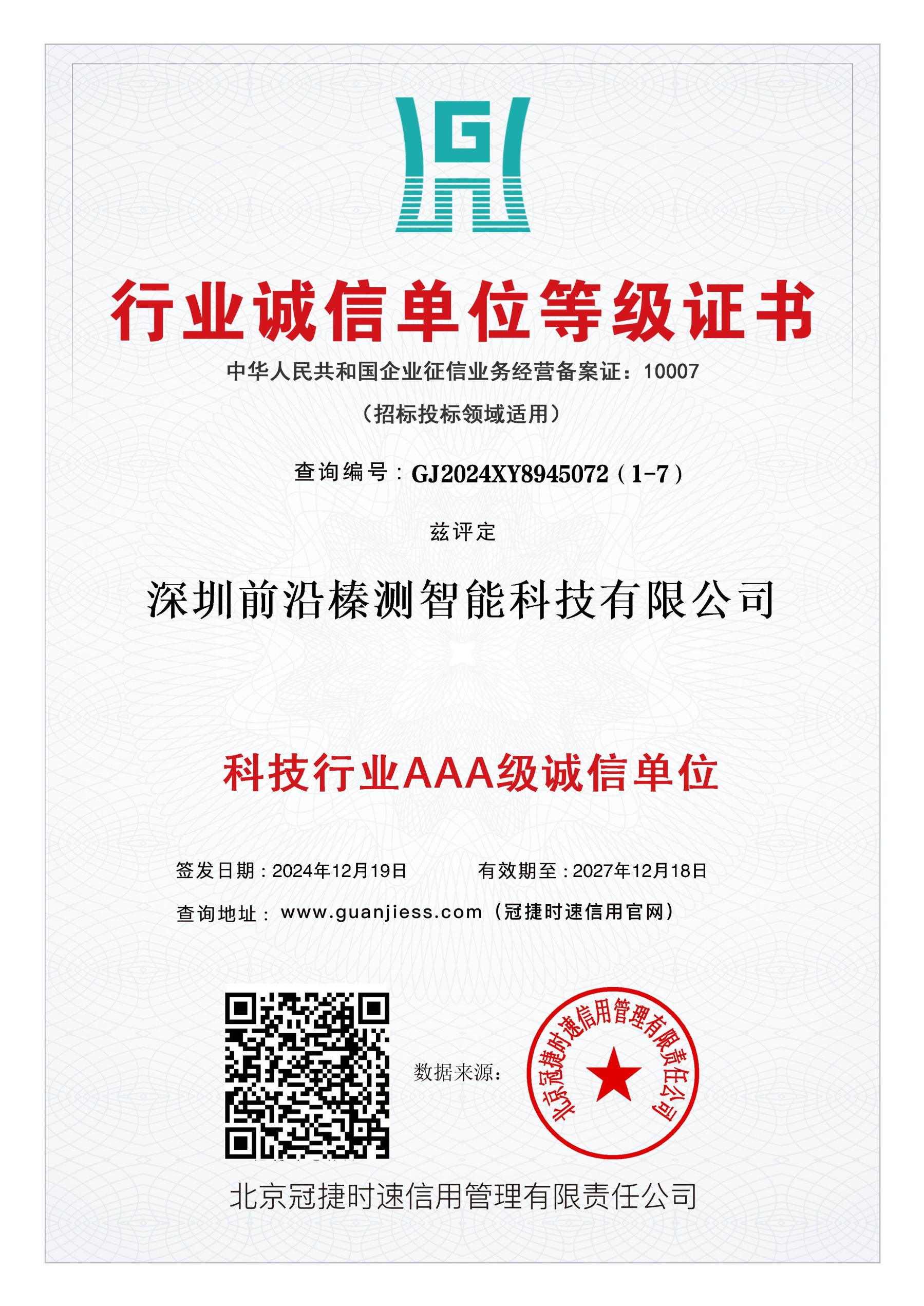 科技行业AAA级诚信单位