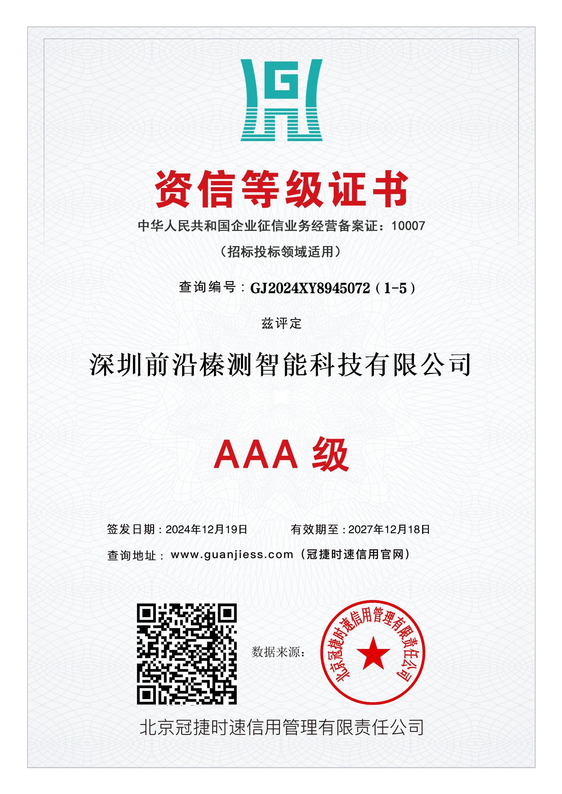 资信等级证书AAA级